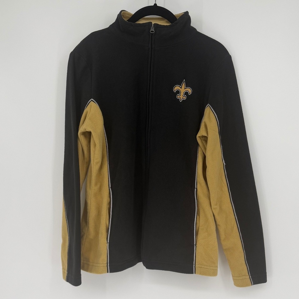 New Orleans Saints NFL Fleece Jacket Black Gold Fleur-de-lis Full Zip Womens M